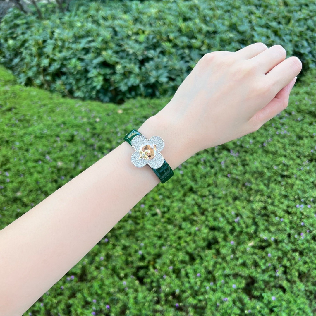 Louis Vuitton Vivienne Style Quartz Watch, White Mother-of-Pearl Dial Diamond Markers Crocodile Leather Strap