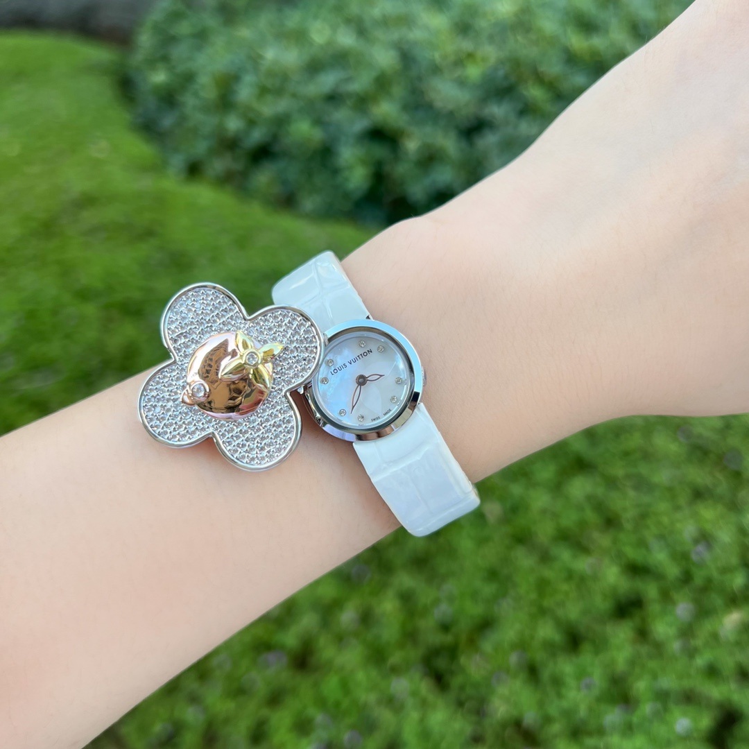 Louis Vuitton Vivienne Style Quartz Watch, White Mother-of-Pearl Dial Diamond Markers Crocodile Leather Strap