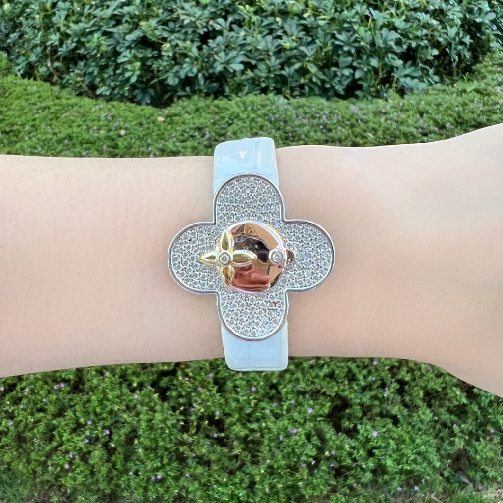 Louis Vuitton Vivienne Style Quartz Watch, White Mother-of-Pearl Dial Diamond Markers Crocodile Leather Strap