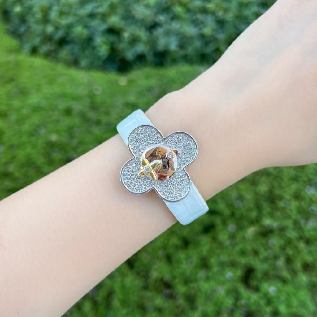 Louis Vuitton Vivienne Style Quartz Watch, White Mother-of-Pearl Dial Diamond Markers Crocodile Leather Strap