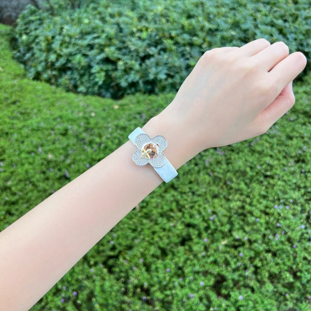 Louis Vuitton Vivienne Style Quartz Watch, White Mother-of-Pearl Dial Diamond Markers Crocodile Leather Strap