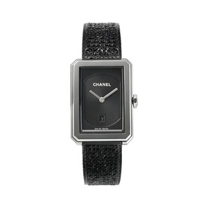 Chanel Boy Friend Style Quartz Watch, Black Dial Date Tweed Steel Bracelet