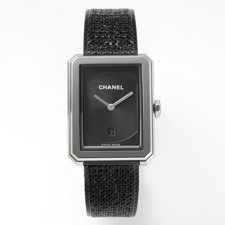 Chanel Boy Friend Style Quartz Watch, Black Dial Date Tweed Steel Bracelet