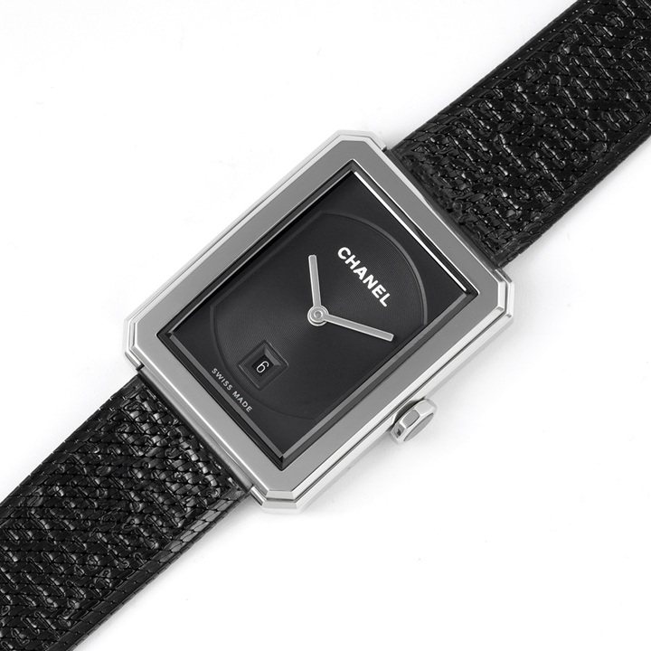 Chanel Boy Friend Style Quartz Watch, Black Dial Date Tweed Steel Bracelet