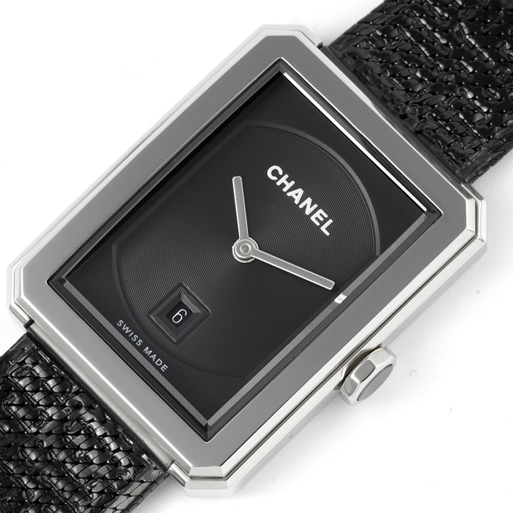 Chanel Boy Friend Style Quartz Watch, Black Dial Date Tweed Steel Bracelet