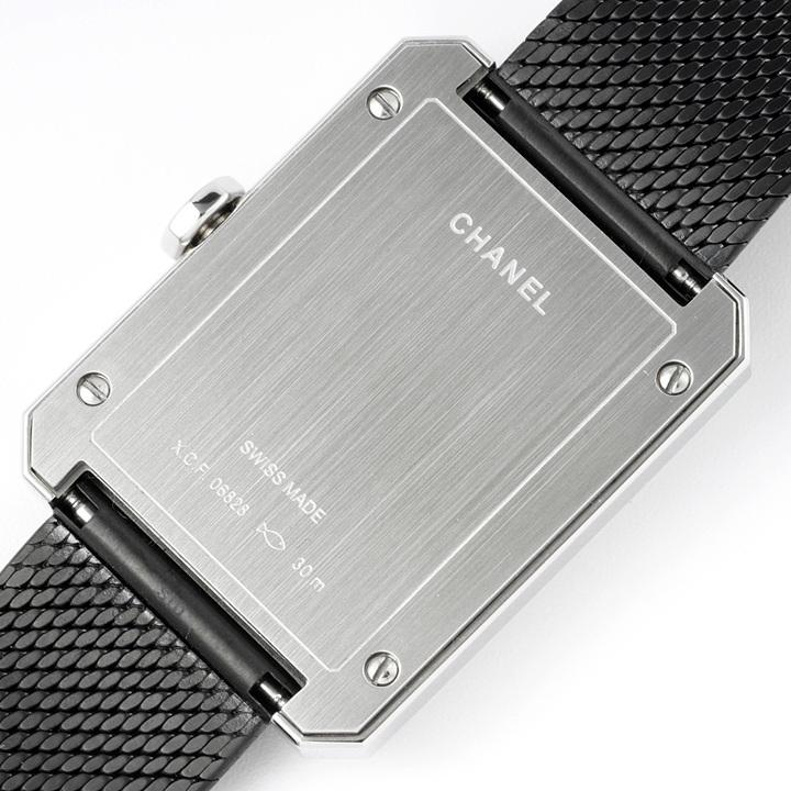 Chanel Boy Friend Style Quartz Watch, Black Dial Date Tweed Steel Bracelet