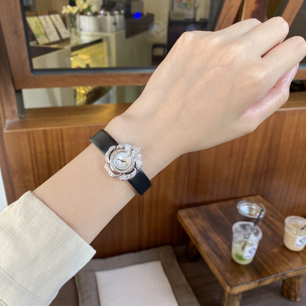 Chanel Camellia Jewelry Quartz Watch, Mother-of-Pearl Dial Diamond Bezel Leather Strap