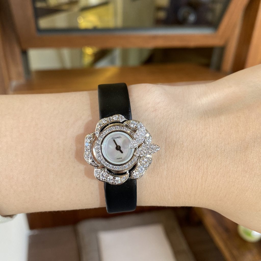 Chanel Camellia Jewelry Quartz Watch, Mother-of-Pearl Dial Diamond Bezel Leather Strap