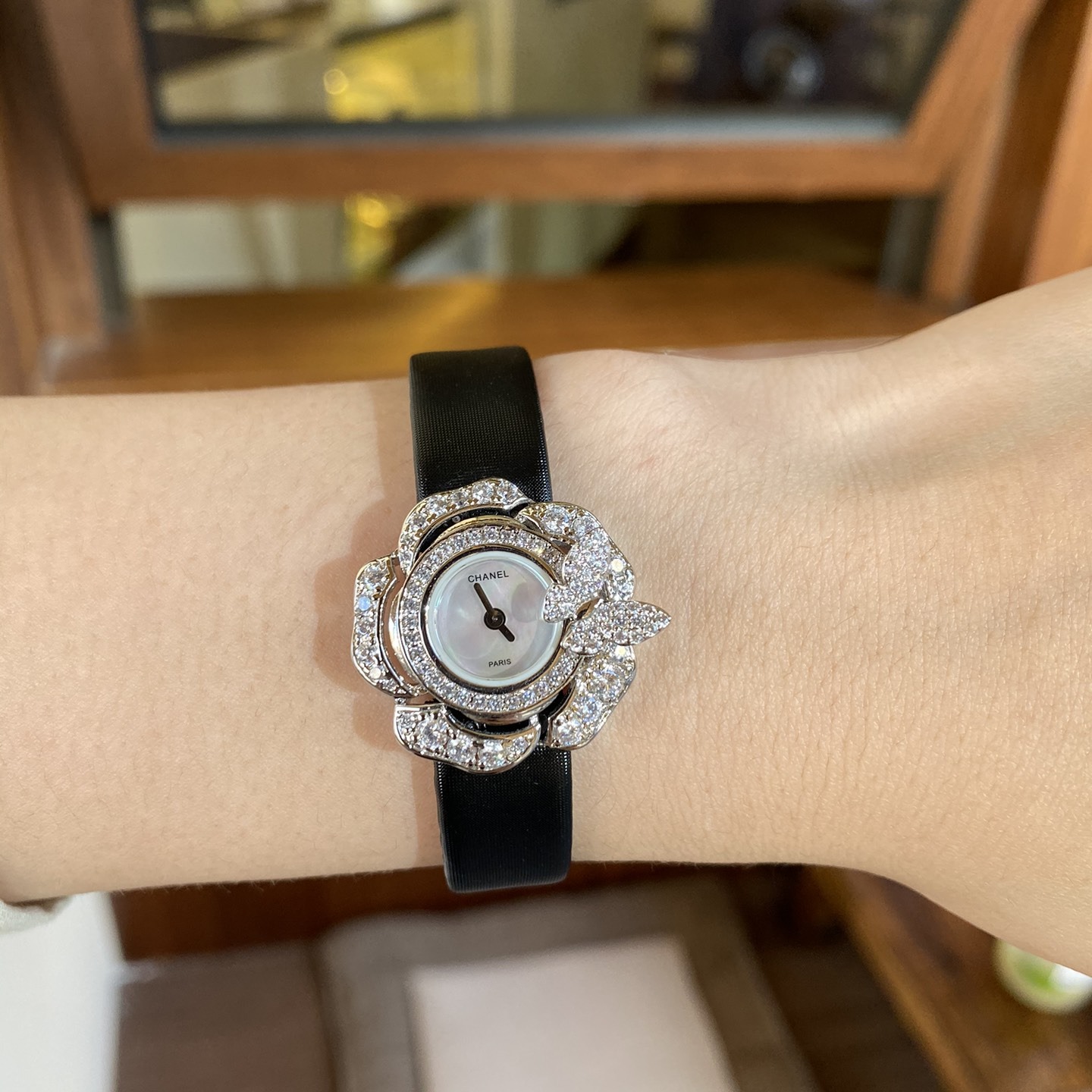 Chanel Camellia Jewelry Quartz Watch, Mother-of-Pearl Dial Diamond Bezel Leather Strap