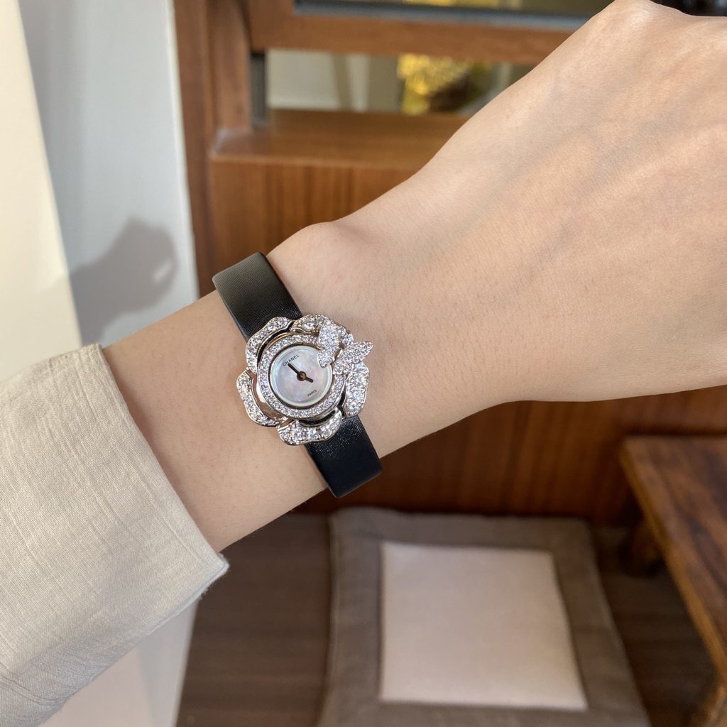 Chanel Camellia Jewelry Quartz Watch, Mother-of-Pearl Dial Diamond Bezel Leather Strap