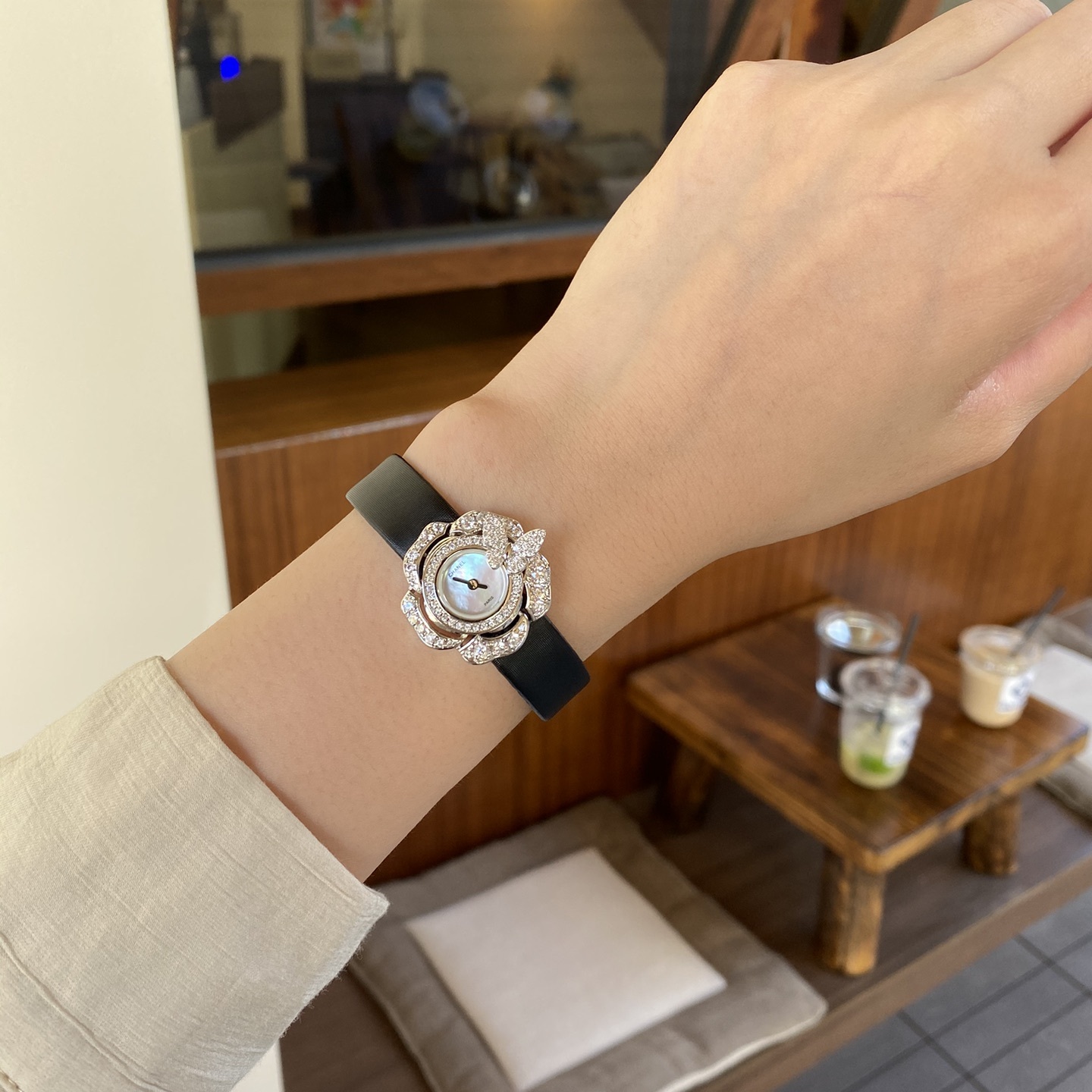 Chanel Camellia Jewelry Quartz Watch, Mother-of-Pearl Dial Diamond Bezel Leather Strap