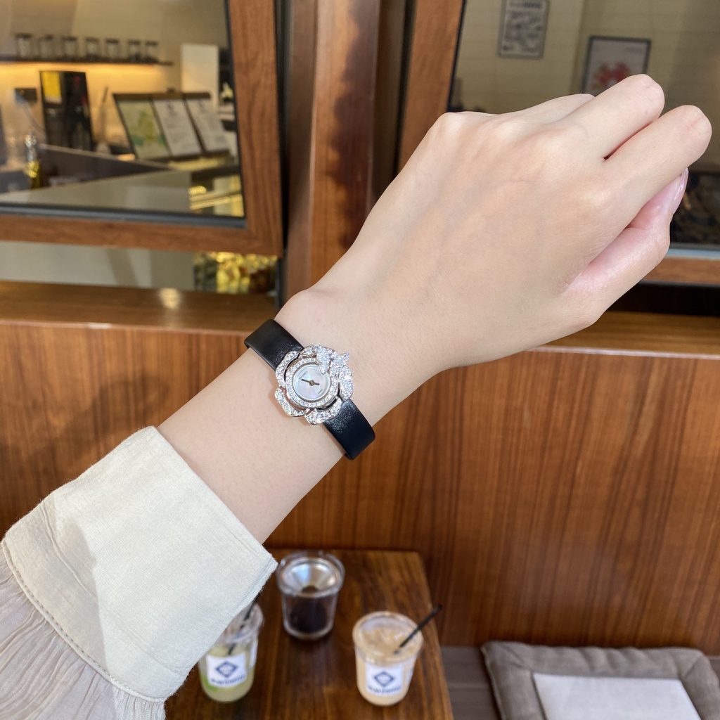 Chanel Camellia Jewelry Quartz Watch, Mother-of-Pearl Dial Diamond Bezel Leather Strap