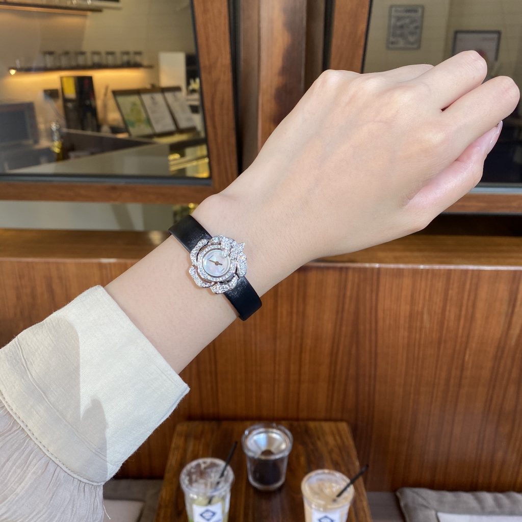 Chanel Camellia Jewelry Quartz Watch, Mother-of-Pearl Dial Diamond Bezel Leather Strap