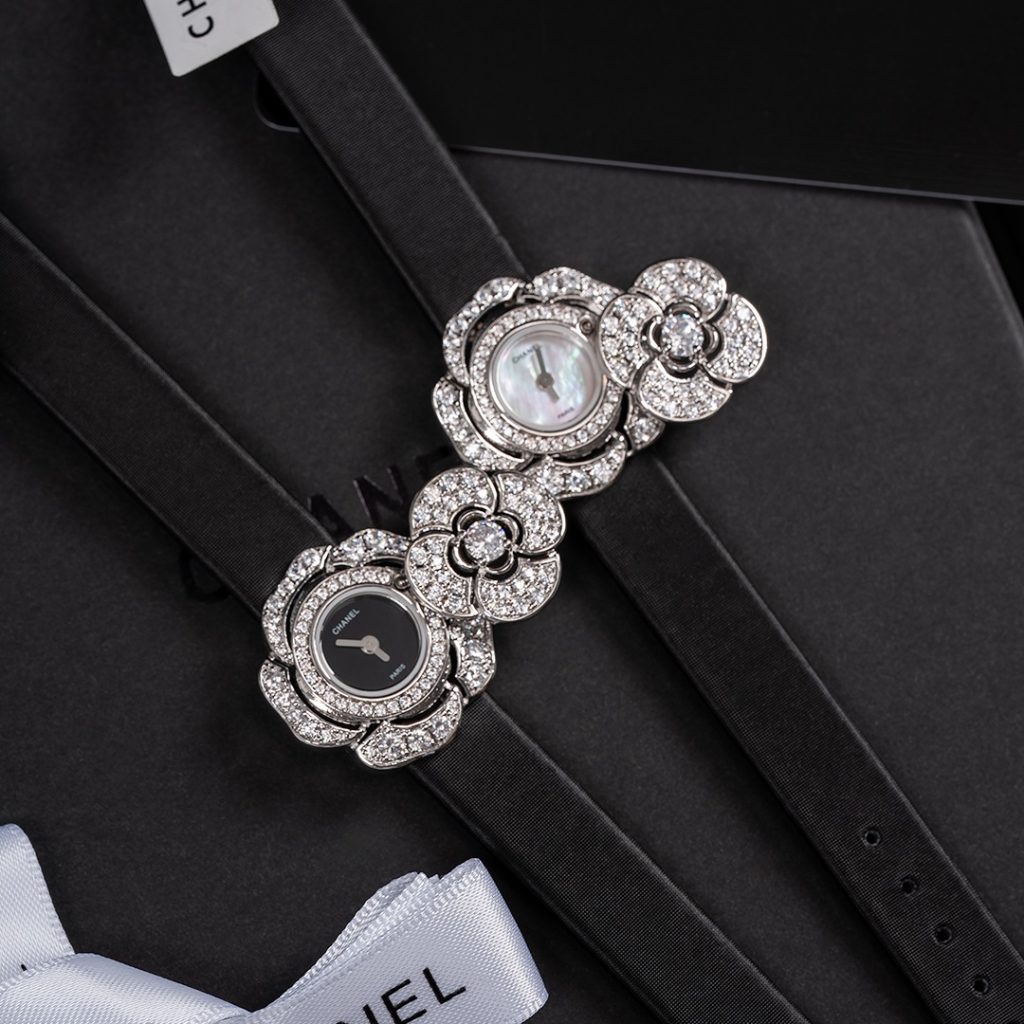 Chanel Camellia Dual Dial Watch, Mother-of-Pearl Dial Diamond Set Leather Strap