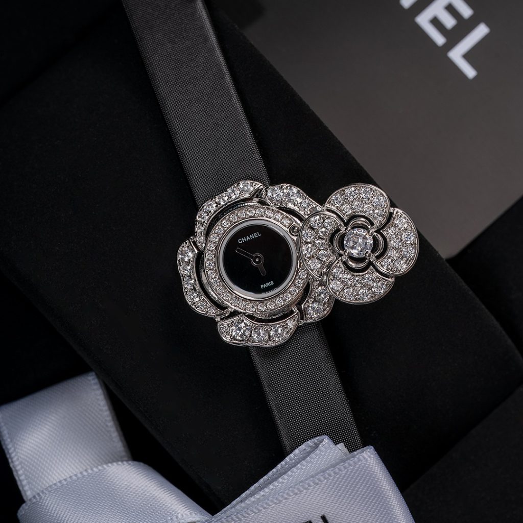 Chanel Camellia Dual Dial Watch, Mother-of-Pearl Dial Diamond Set Leather Strap