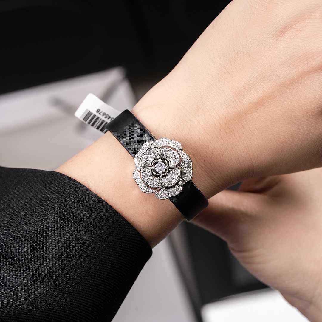 Chanel Camellia Dual Dial Watch, Mother-of-Pearl Dial Diamond Set Leather Strap