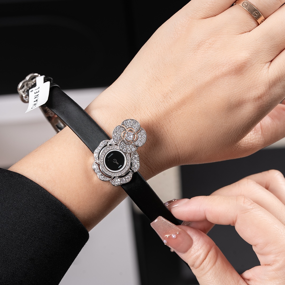 Chanel Camellia Dual Dial Watch, Mother-of-Pearl Dial Diamond Set Leather Strap