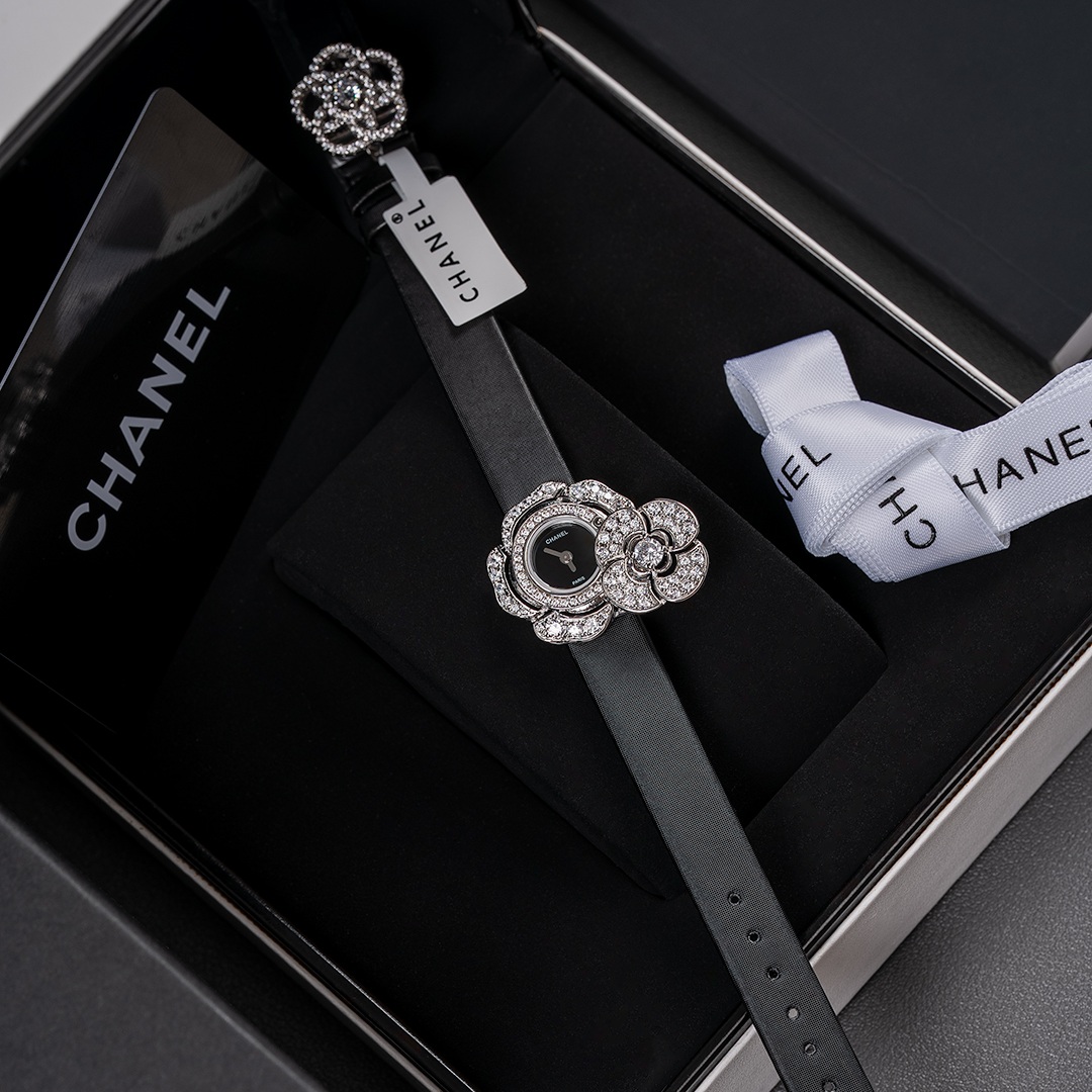 Chanel Camellia Dual Dial Watch, Mother-of-Pearl Dial Diamond Set Leather Strap