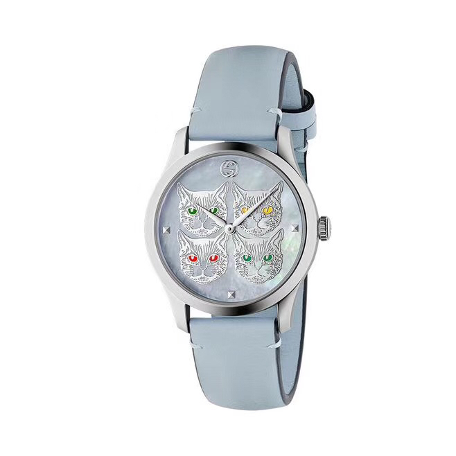 Gucci Mystic Cat Watch, Mother-of-Pearl Cat Dial Leather Strap