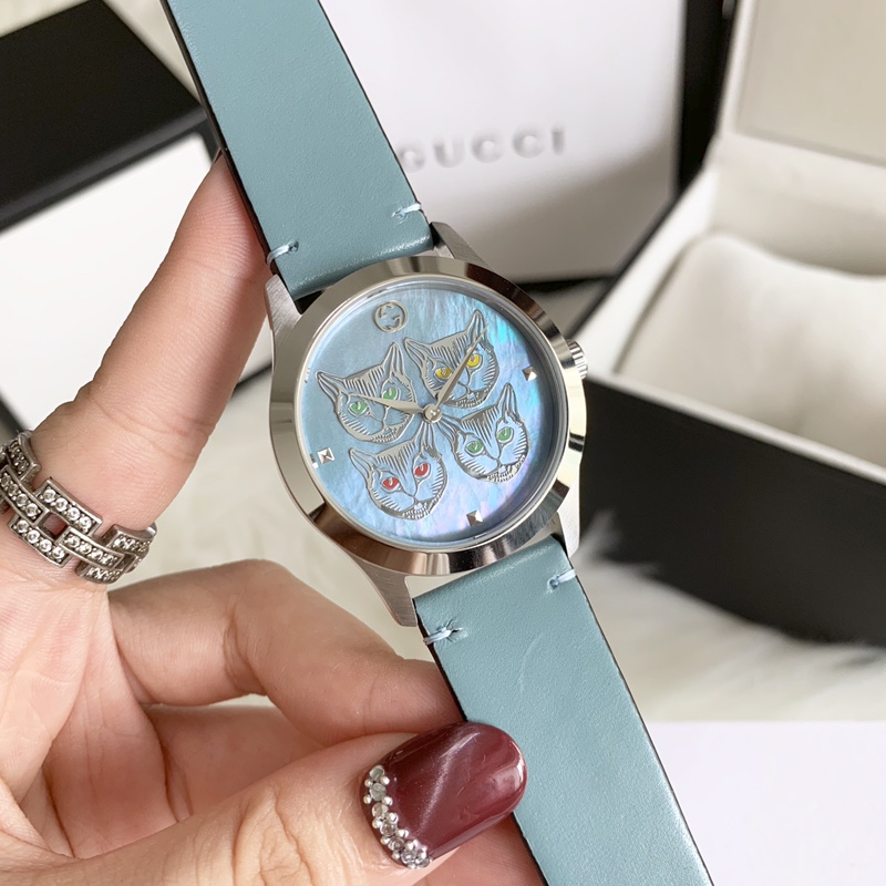 Gucci Mystic Cat Watch, Mother-of-Pearl Cat Dial Leather Strap