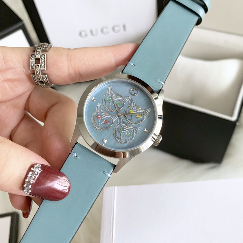 Gucci Mystic Cat Watch, Mother-of-Pearl Cat Dial Leather Strap