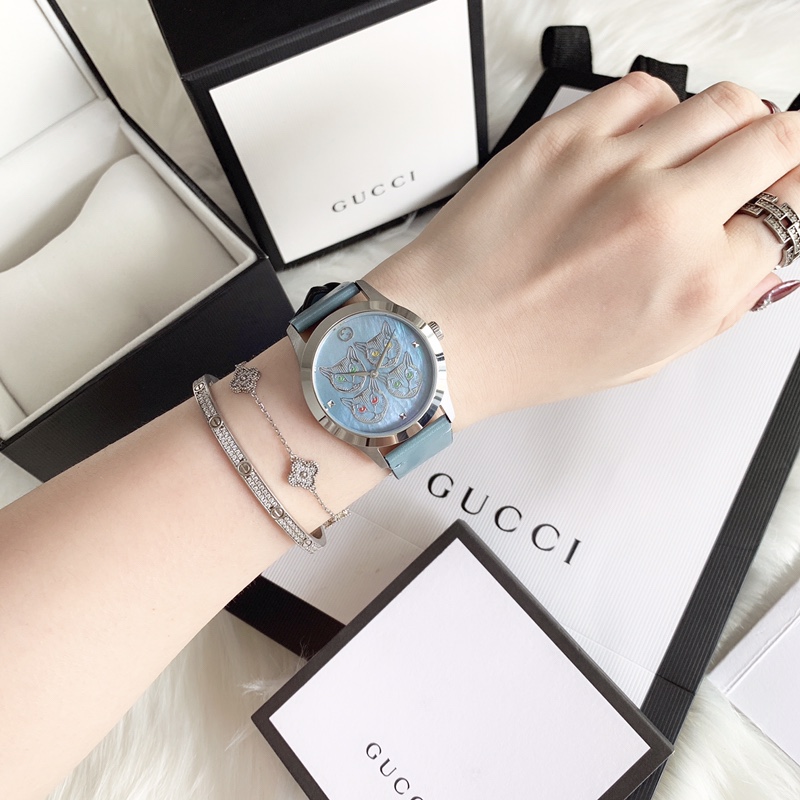 Gucci Mystic Cat Watch, Mother-of-Pearl Cat Dial Leather Strap