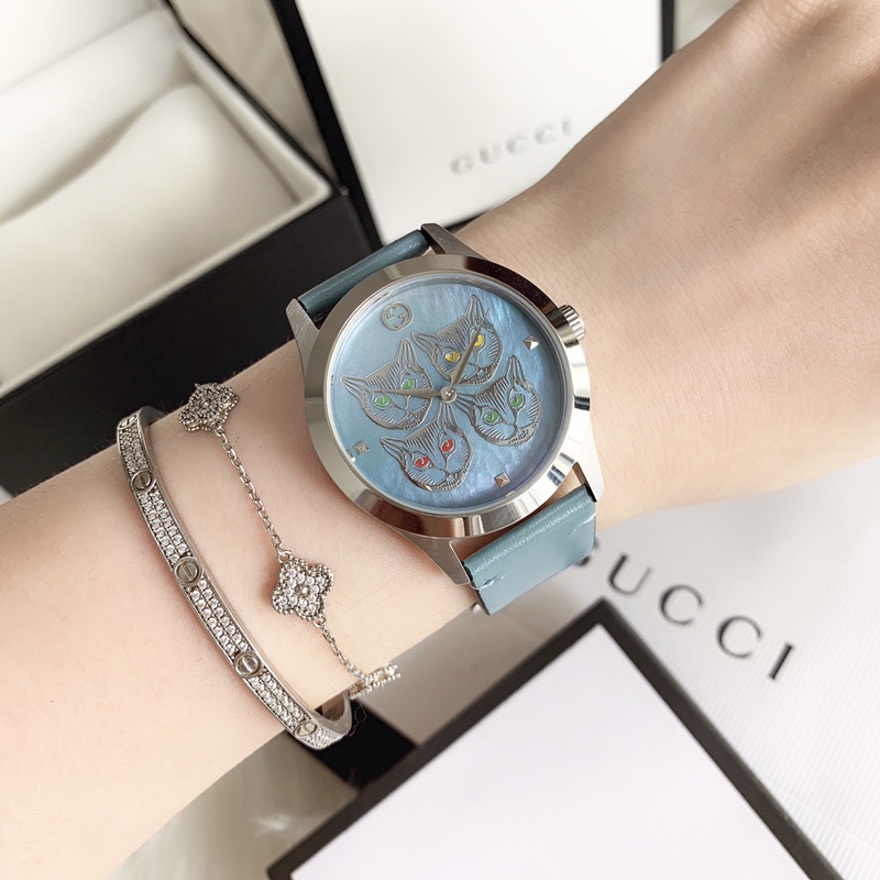 Gucci Mystic Cat Watch, Mother-of-Pearl Cat Dial Leather Strap