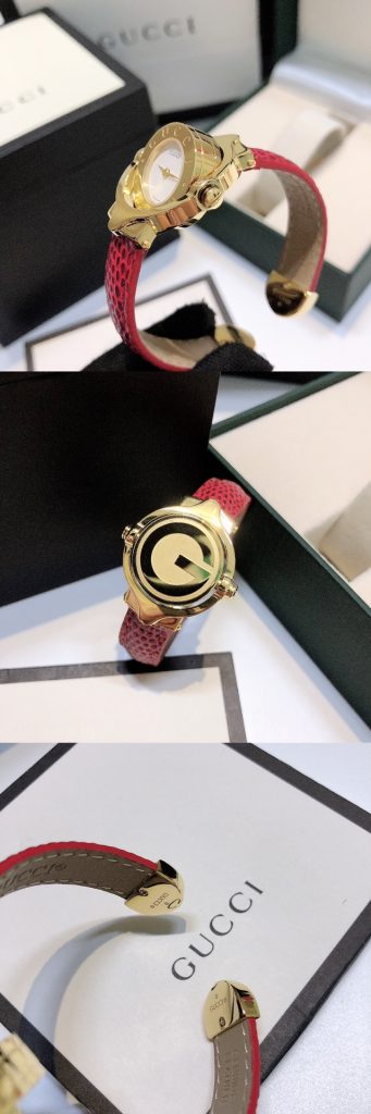 Gucci Vintage Reversible Bangle Watch, White Dial Red Reptile-pattern Leather Strap