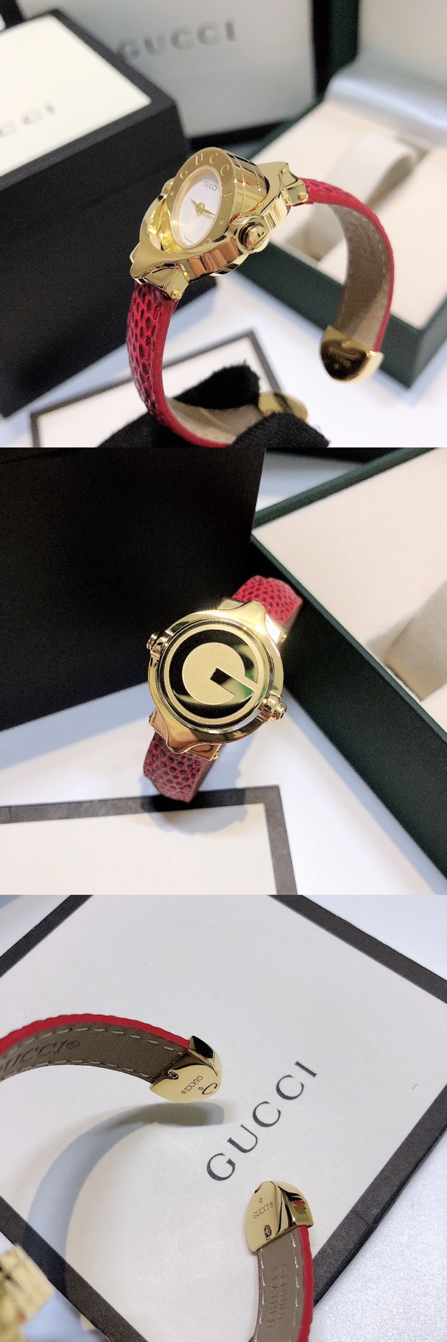 Gucci Vintage Reversible Bangle Watch, White Dial Red Reptile-pattern Leather Strap