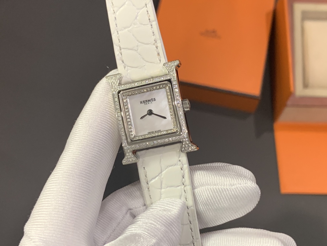 Hermes H-Shape Diamond-Set Watch, Mother-of-Pearl Dial White Crocodile-Embossed Leather Strap