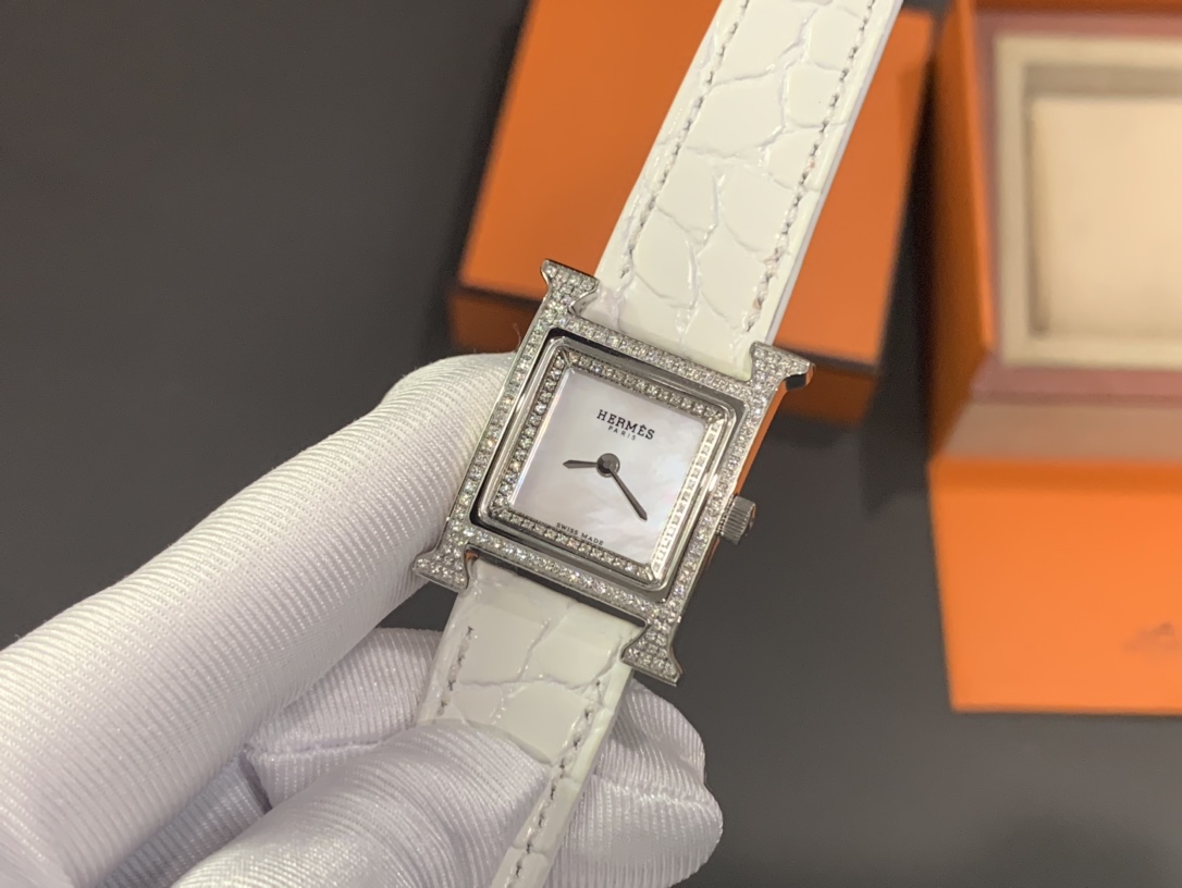 Hermes H-Shape Diamond-Set Watch, Mother-of-Pearl Dial White Crocodile-Embossed Leather Strap