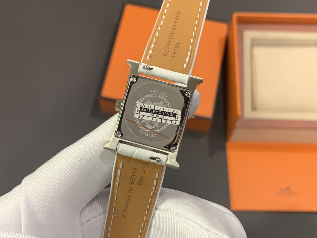 Hermes H-Shape Diamond-Set Watch, Mother-of-Pearl Dial White Crocodile-Embossed Leather Strap