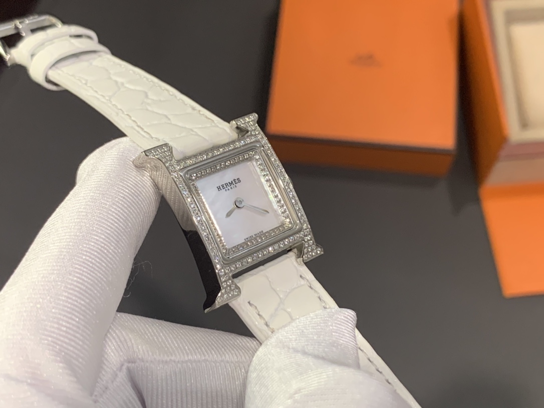 Hermes H-Shape Diamond-Set Watch, Mother-of-Pearl Dial White Crocodile-Embossed Leather Strap