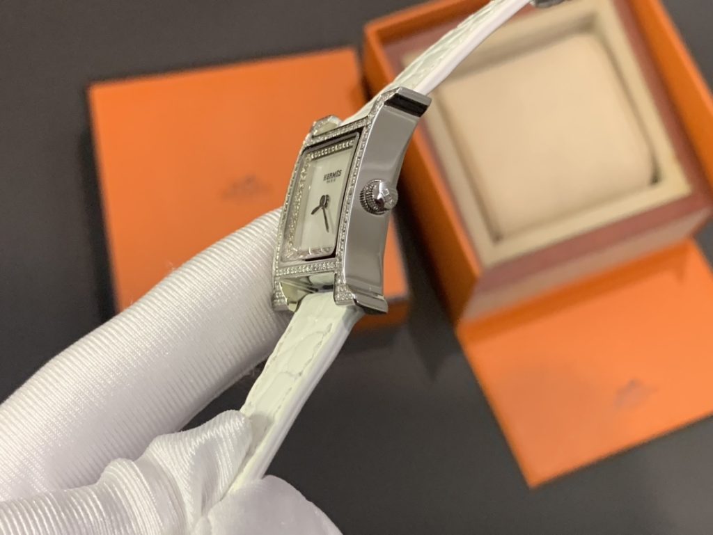 Hermes H-Shape Diamond-Set Watch, Mother-of-Pearl Dial White Crocodile-Embossed Leather Strap