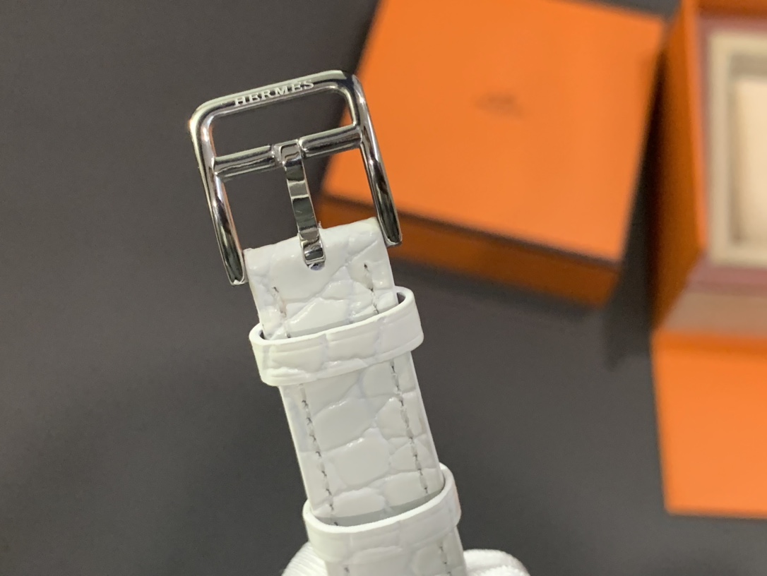 Hermes H-Shape Diamond-Set Watch, Mother-of-Pearl Dial White Crocodile-Embossed Leather Strap