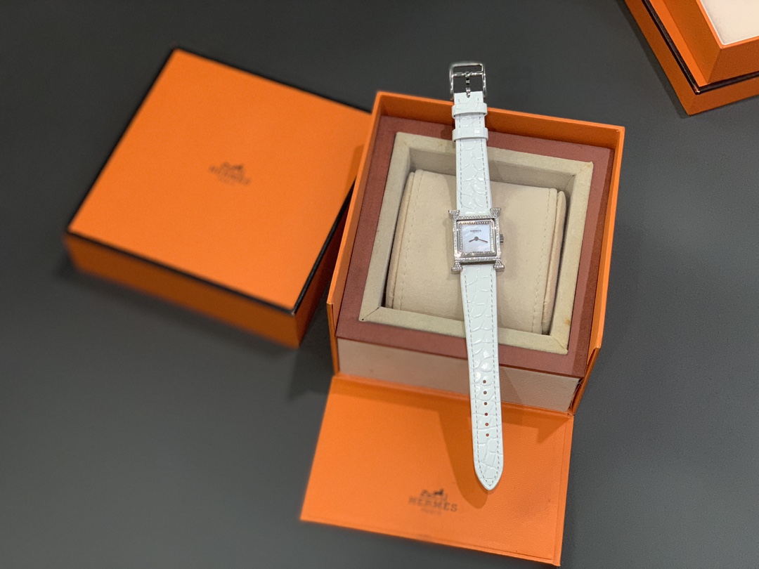 Hermes H-Shape Diamond-Set Watch, Mother-of-Pearl Dial White Crocodile-Embossed Leather Strap