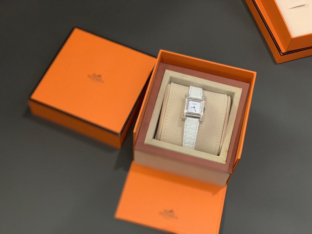 Hermes H-Shape Diamond-Set Watch, Mother-of-Pearl Dial White Crocodile-Embossed Leather Strap