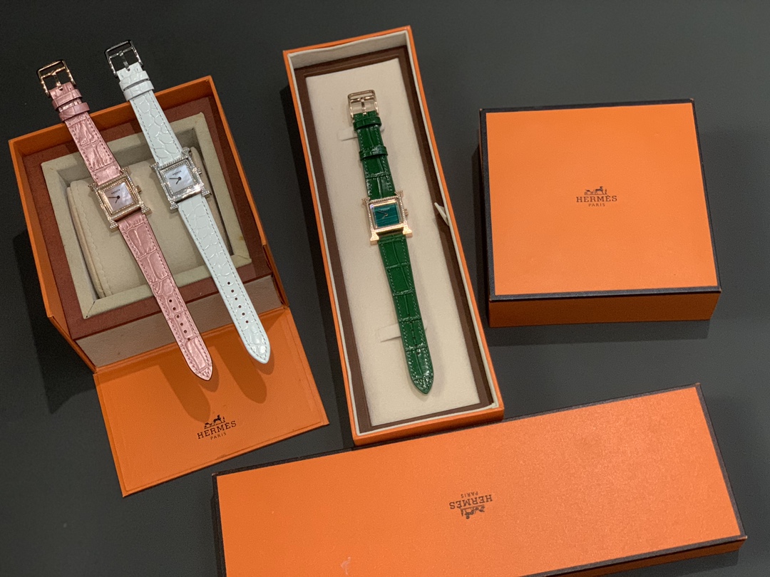 Hermes H-Shape Diamond-Set Watch, Mother-of-Pearl Dial White Crocodile-Embossed Leather Strap