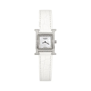 Hermes H-Shape Diamond-Set Watch, Mother-of-Pearl Dial White Crocodile-Embossed Leather Strap
