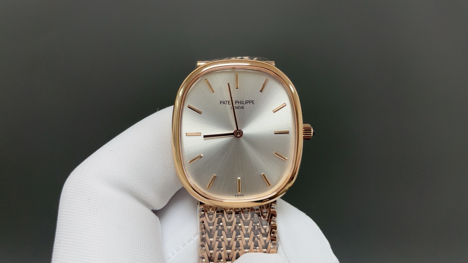 Patek Philippe Vintage Oval Watch, Silver Dial Rose-Gold Woven Bracelet