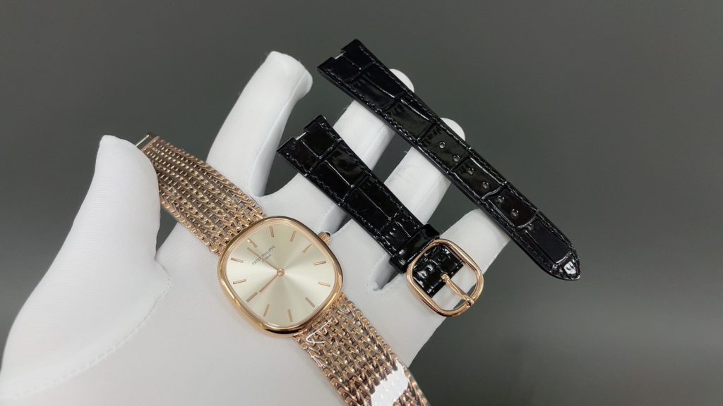 Patek Philippe Vintage Oval Watch, Silver Dial Rose-Gold Woven Bracelet