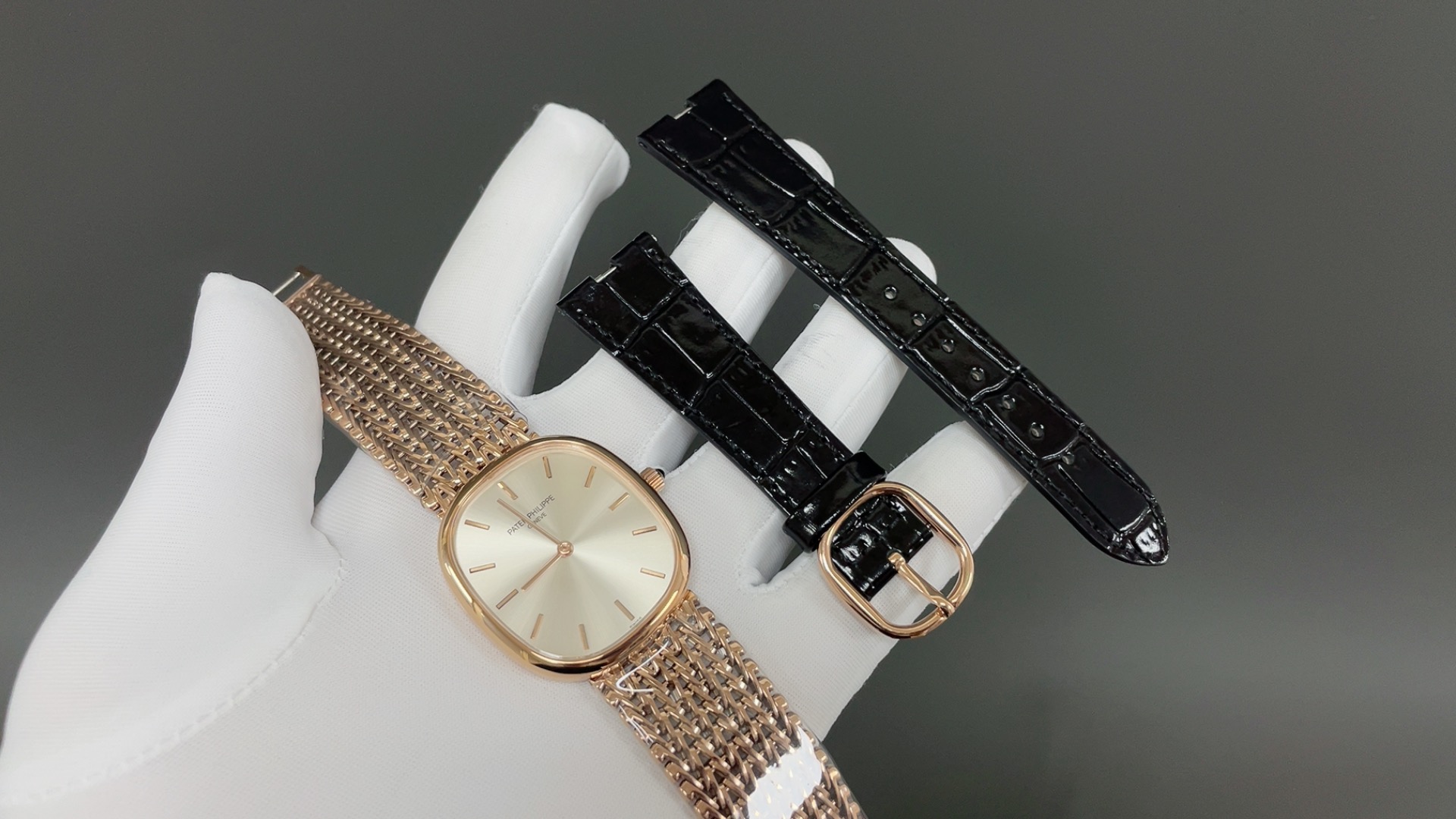 Patek Philippe Vintage Oval Watch, Silver Dial Rose-Gold Woven Bracelet