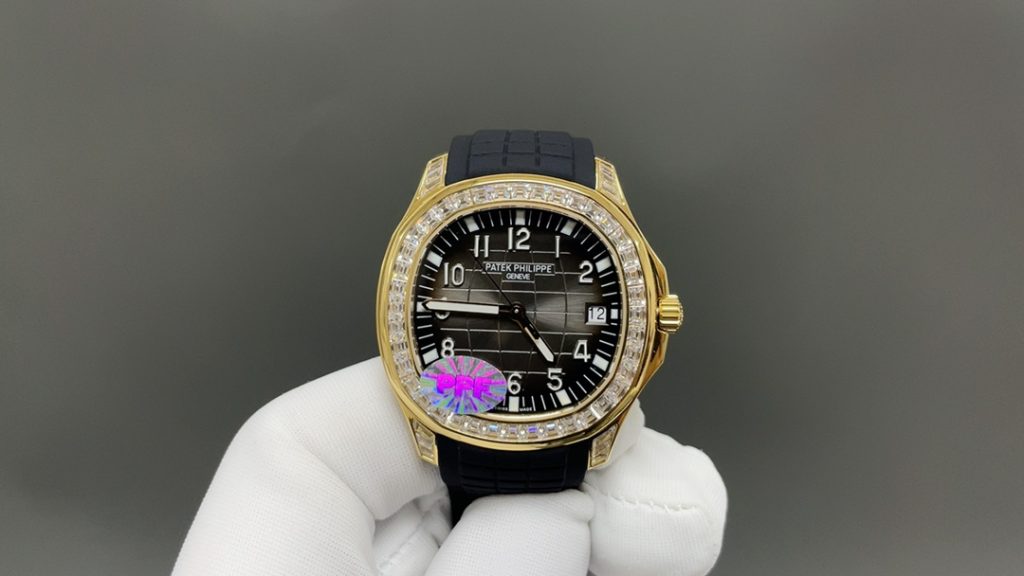 Patek Philippe Aquanaut-Style Diamond-Set Watch, Black Dial Rubber Strap