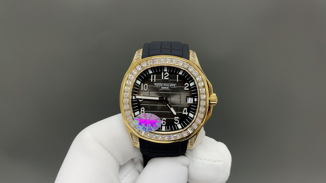 Patek Philippe Aquanaut-Style Diamond-Set Watch, Black Dial Rubber Strap