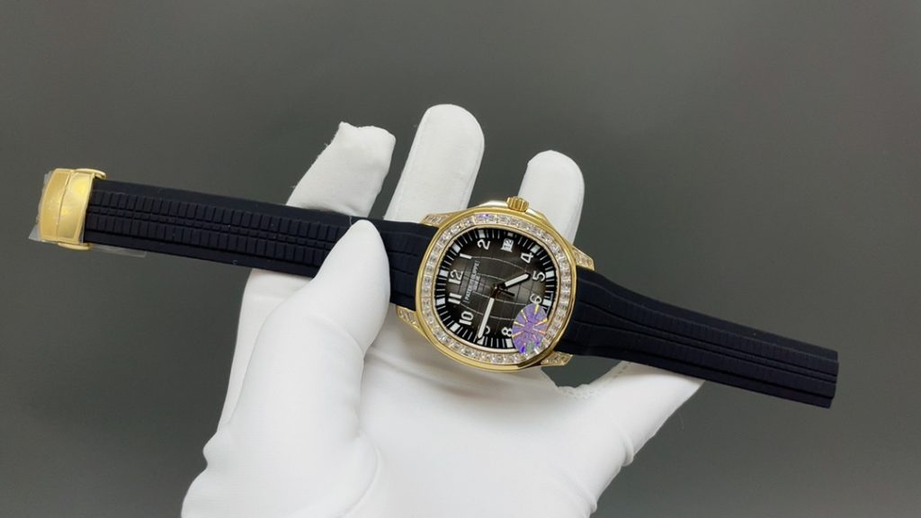 Patek Philippe Aquanaut-Style Diamond-Set Watch, Black Dial Rubber Strap