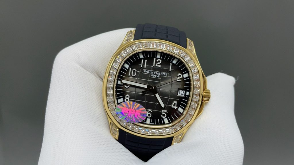 Patek Philippe Aquanaut-Style Diamond-Set Watch, Black Dial Rubber Strap