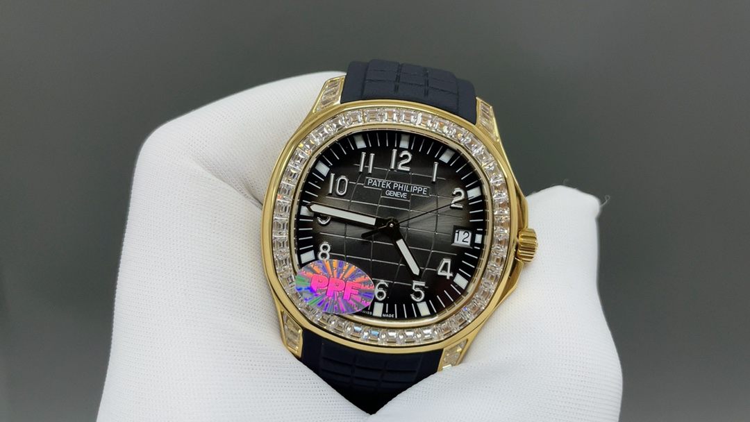 Patek Philippe Aquanaut-Style Diamond-Set Watch, Black Dial Rubber Strap