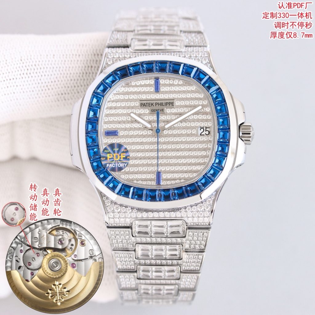 Patek Philippe Automatic Watch, Blue Dial Diamond Index Stainless Steel Case Metal Bracelet 50m