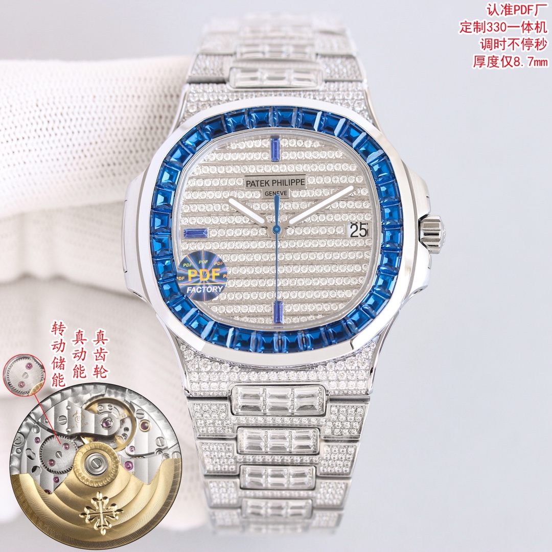 Patek Philippe Automatic Watch, Blue Dial Diamond Index Stainless Steel Case Metal Bracelet 50m