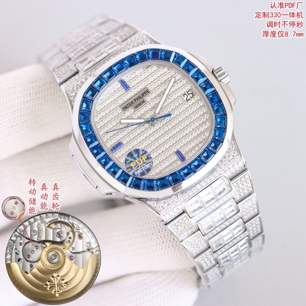 Patek Philippe Automatic Watch, Blue Dial Diamond Index Stainless Steel Case Metal Bracelet 50m